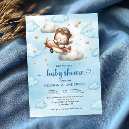 Glad flygplansbjörn blå baby shower inbjudan
