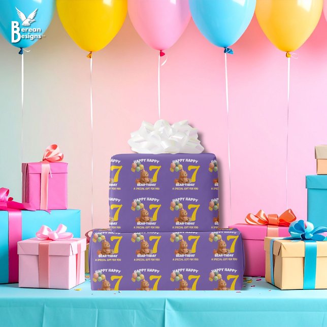 GLAD FÖDELSEDAG 7-års födelsedag Teddybjörn  Presentpapper (Cute HAPPY BEARTHDAY 7th birthday wrapping paper in purple with CUSTOMIZABLE age and text.)