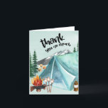 Glad födelsedag camping tält för Camper Tack Kort<br><div class="desc">Tackkort med campingtema - perfekt för en bakgårdsgrill,  picknick eller utomhus-födelsedagsfest. Denna mint- och blå-vattenfärgdesign har berg- och skogsmiljö med tält,  lägereld och smores. Titeln lyder "tack så mycket" och det återstående tackmeddelandet är helt redigerbart.</div>