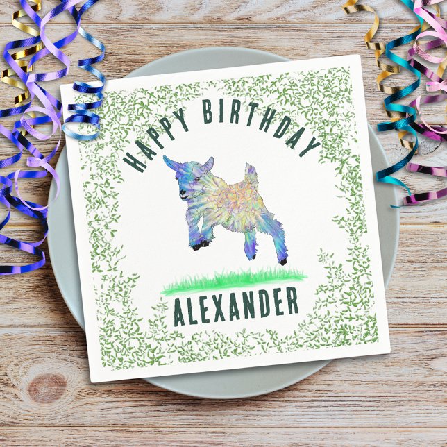 Glad födelsedag get hoppar add Namn Pappersservett (jumping goat cute farm animal custom name birthday party napkin adorable baby goat and foliage )