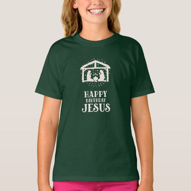 Glad födelsedag Jesus julkrubba jul T Shirt (Framsida)