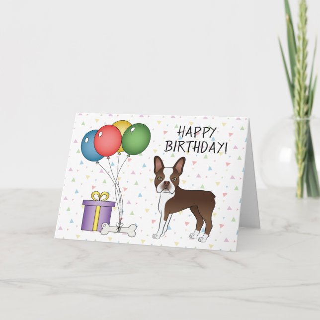 Glad födelsedag till chokladbrun Boston Terrier-hu Kort (Framsida)