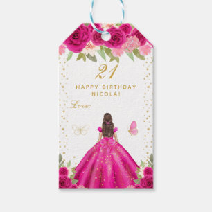 Glad födelsedag till flickan med hetrosa blommig m presentetikett