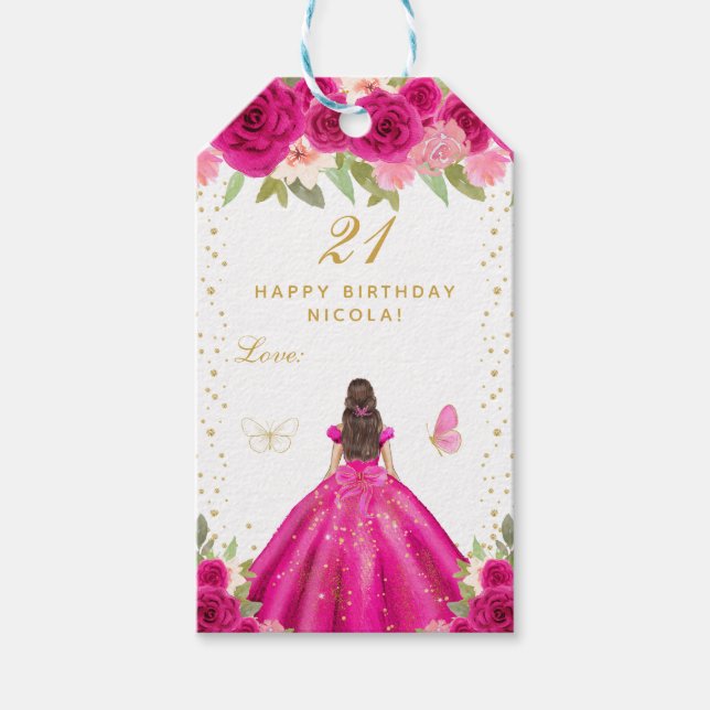 Glad födelsedag till flickan med hetrosa blommig m presentetikett (Framsidan)