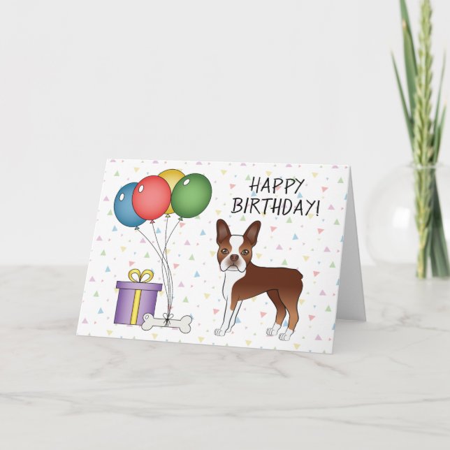 Glad födelsedag till röd och vit Boston Terrier hu Kort (Framsida)