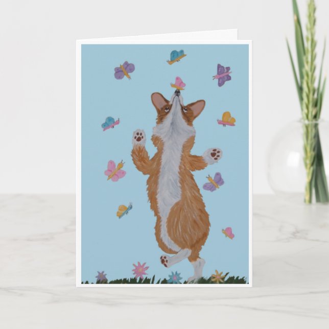  Glad födelsedag! Welsh Corgi och fjärilar Kort (Framsida)