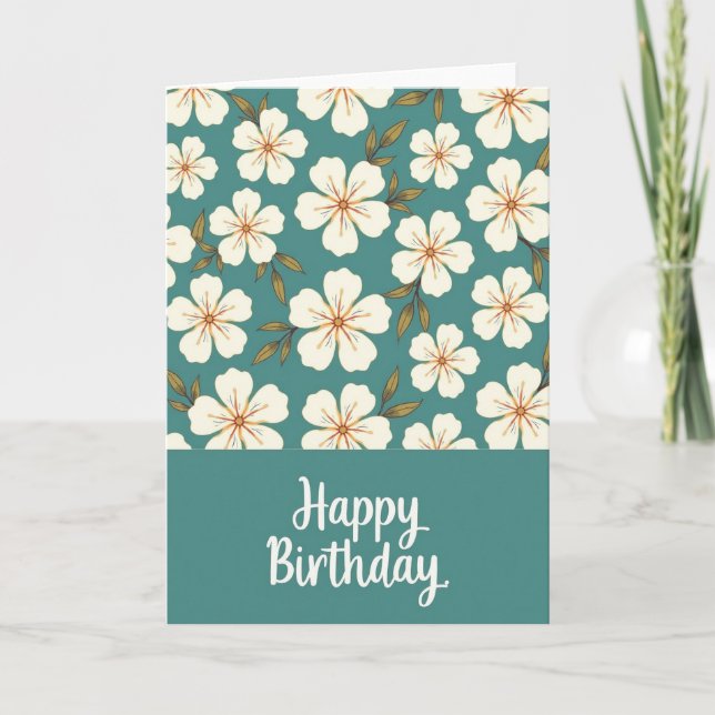 Glad födelsedagskort med blommande teal design kort (Framsida)