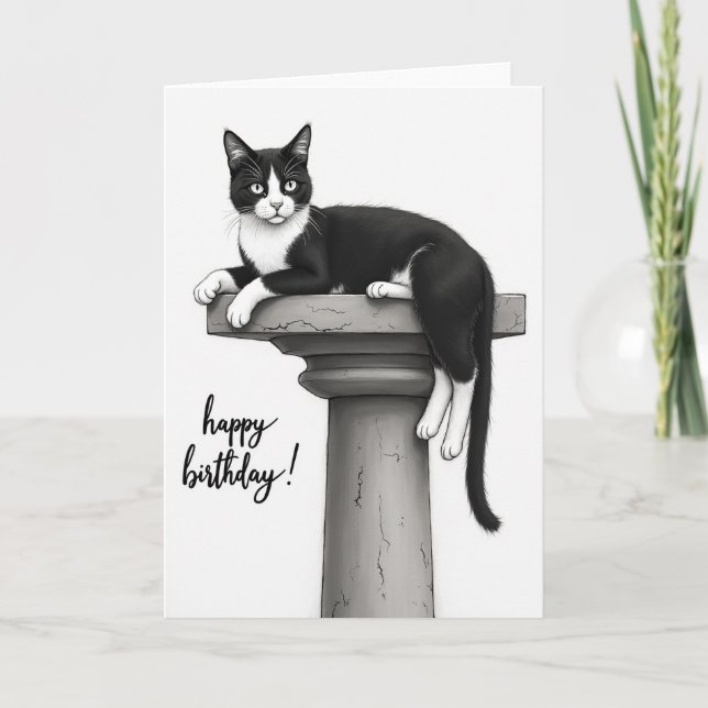 Glad födelsedagskort med katt i smoking kort (Framsida)