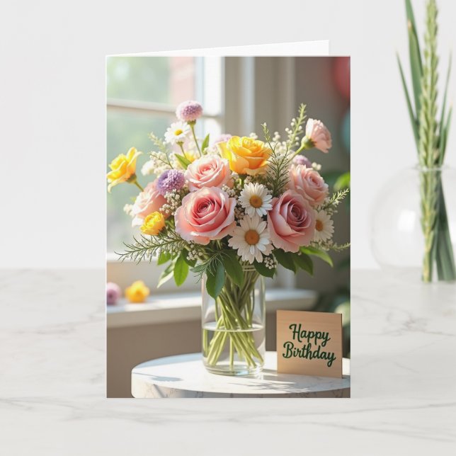 Glad födelsedagsvas Kort med blommor (Framsida)