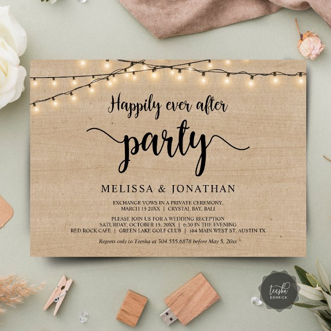 Glad för alltid fest, Elopement med strängljus Inbjudningar (Happily Ever After party, Wedding Elopement Dinner Invites, String Lights Rustic Wood, downloadable)
