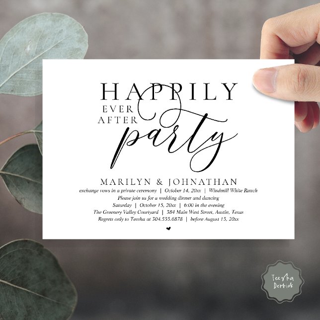 Glad för Alltid Fest Modern Bröllopsflykt Inbjudningar (Happily Ever After Party Modern Classy Wedding Elopement Invitation Card in black and white)