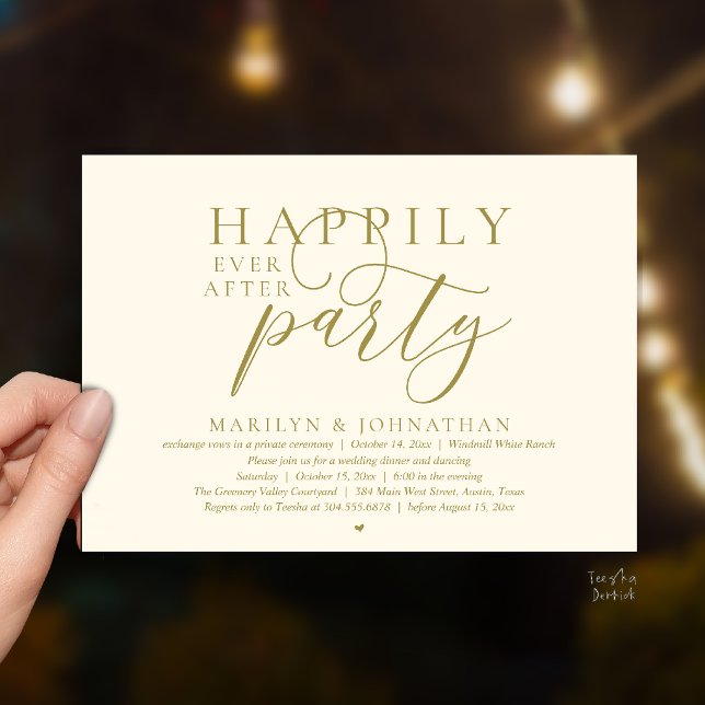 Glad för Alltid Fest Modern Bröllopsflykt Inbjudningar (Happily Ever After Party Modern Classy Wedding Elopement Invitation Card in Yellow Gold Cream)