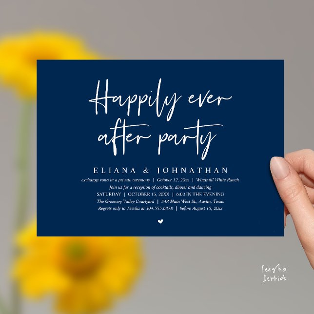 Glad För Alltid Fest Modern Bröllopsmottagning Inbjudningar (Happily Ever After Party Modern Wedding Reception Invitation Card in Navy Blue)