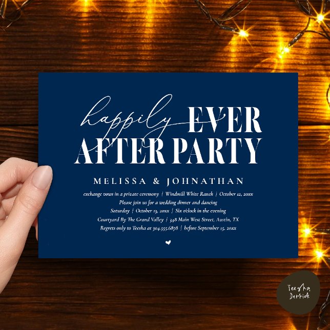 Glad för Alltid Fest, Modern Bröllopsmottagning Inbjudningar (Happily Ever After Party, Modern Wedding Reception Dinner Dancing Invitation Card in Navy Blue)