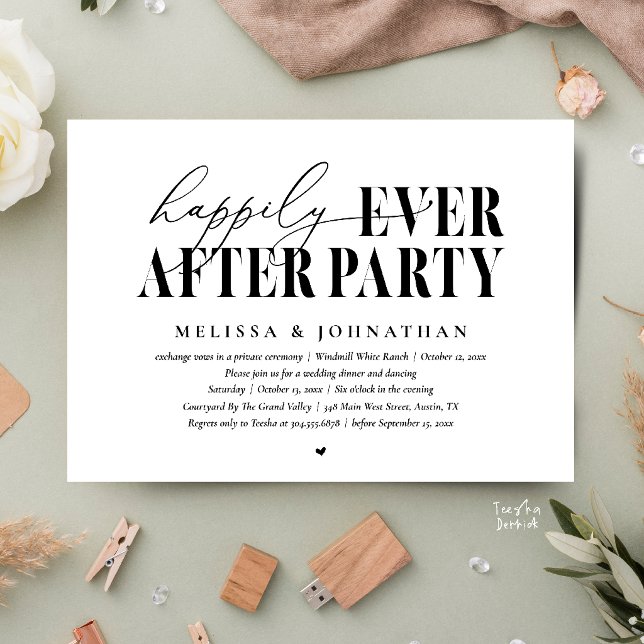 Glad för Alltid Fest, Modern Bröllopsmottagning Inbjudningar (Happily Ever After Party, Modern Wedding Reception Dinner Dancing Invitation Card in Black and White)