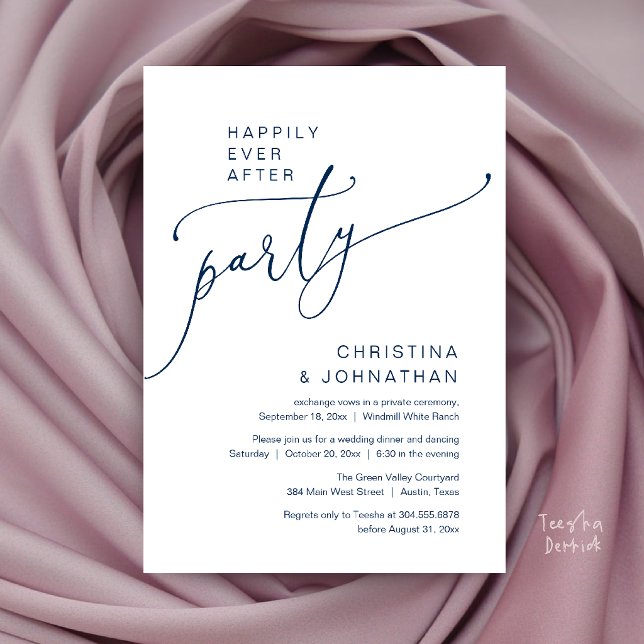 Glad För Alltid Fest, Modern Mottagningsmiddag Inbjudningar (Happily Ever After Party, Modern Reception Dinner Invitation Card in Navy Blue)