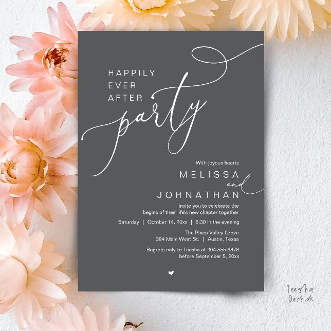 Glad För Alltid Fest, Romantisk Bröllopsmiddag Inbjudningar (Happily Ever After Party, Romantic Wedding Reception Dinner Invitation Card in Dark Grey)
