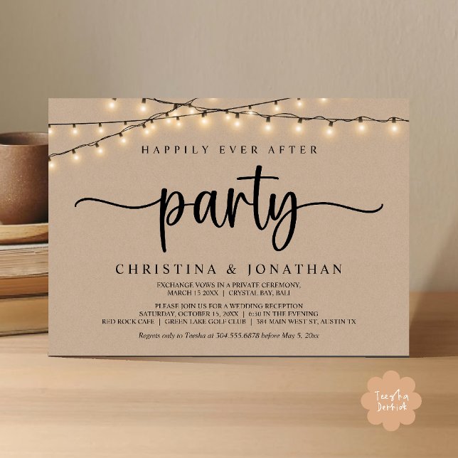 Glad För Alltid Fest, Rustika Strängljus Bröllop Inbjudningar (Happily Ever After Party, Rustic String Lights Wed Invitation Card, Dark Brown kraft Background)