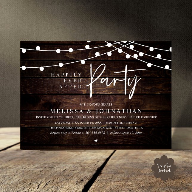 Glad för Alltid Fest, Rustika Strängljus Inbjudningar (Happily Ever After Party, Rustic Wedding String Lights Invitation card, Reception brown wood)