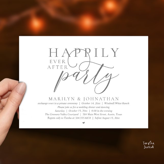 Glad För Evigt Fest Modern Bröllop Elopement Inbjudningar (Happily Ever After Party Modern Classy Wedding Elopement Invitation card in dark grey)