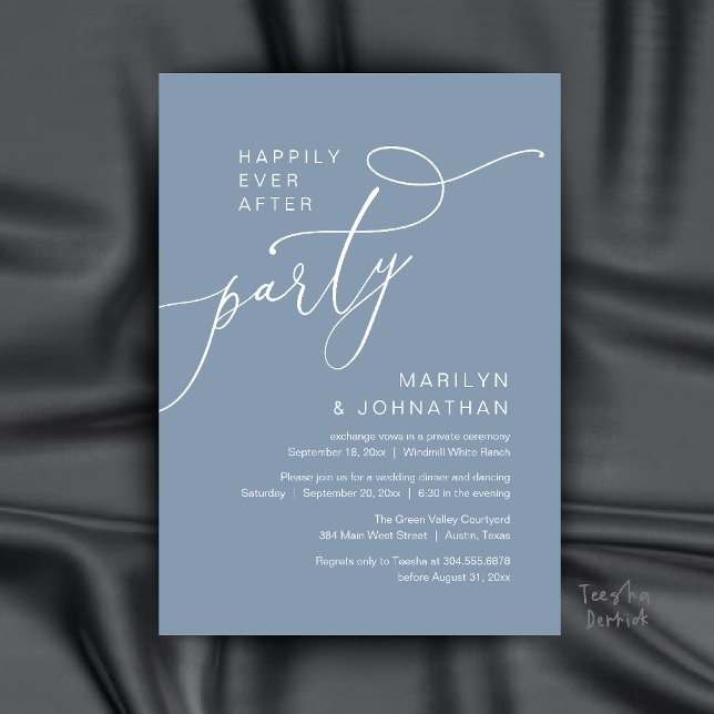 Glad För Evigt Fest, Modern Middagsreception Inbjudningar (Happily Ever After Party, Modern Dinner Reception Invitation Card in Dusty Blue)