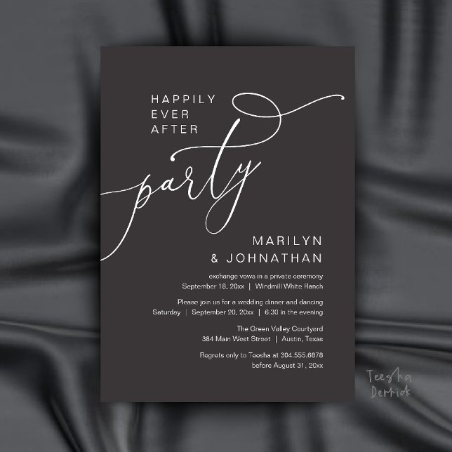 Glad För Evigt Fest, Modern Middagsreception Inbjudningar (Happily Ever After Party, Modern Dinner Reception Invitation Card in Charcoal Grey)