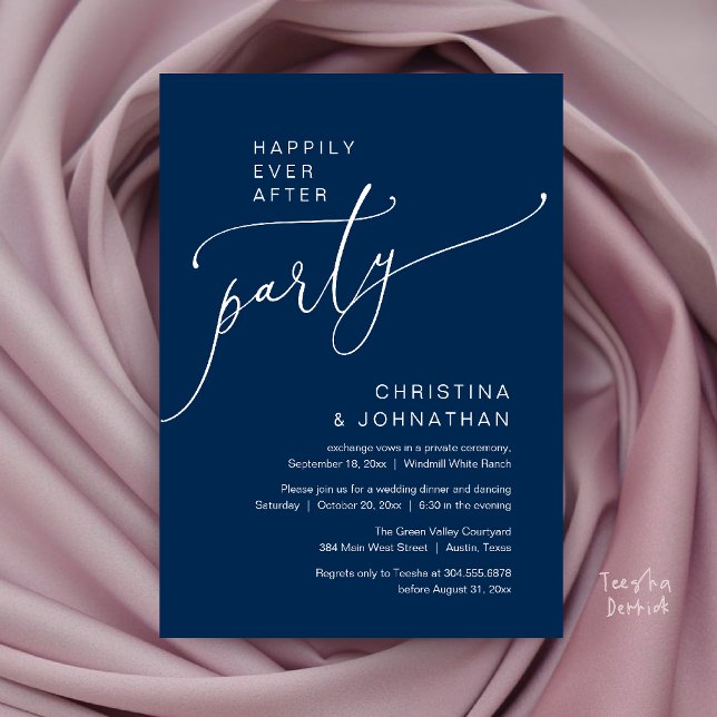 Glad För Evigt Fest, Modern Mottagningsmiddag Inbjudningar (Happily Ever After Party, Modern Reception Dinner Invitation Card in Navy Blue)