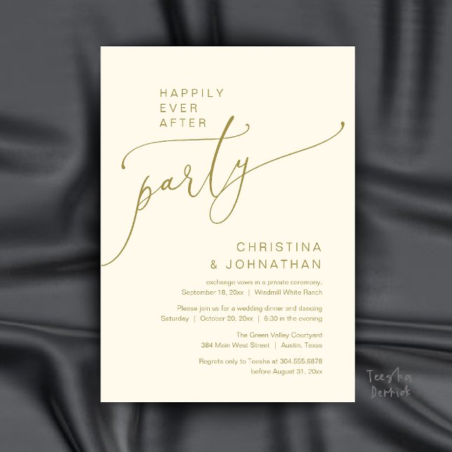 Glad För Evigt Fest, Modern Mottagningsmiddag Inbjudningar (Happily Ever After Party, Modern Reception Dinner Invitation Card in Gold and Cream)
