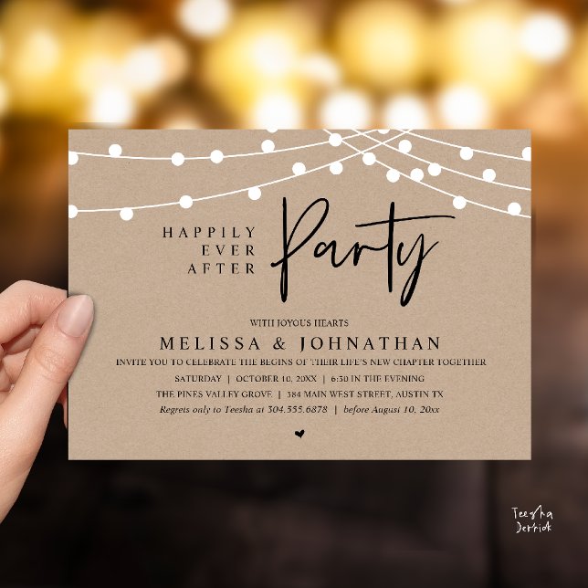 Glad för evigt fest, rustika strängljus inbjudningar (Happily Ever After Party, Rustic Wedding String Lights Invitation card, Reception Dinner Dancing)