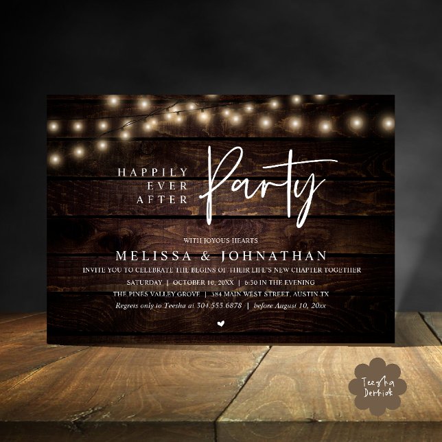 Glad För Evigt Fest, Rustika Strängljus Inbjudningar (Happily Ever After Party, Rustic Wedding String Lights Invitation card, Reception Brown Wood)