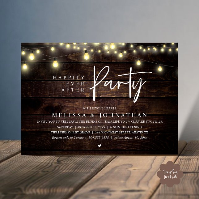 Glad för evigt fest, rustika strängljus inbjudningar (Happily Ever After Party, Rustic Wedding String Lights Invitation card, Reception Brown Wood )