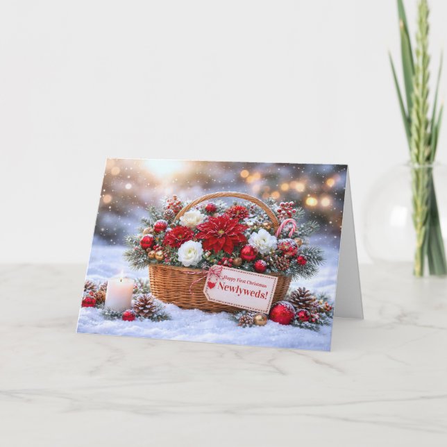 Glad första jul korg med vackra blommor  kort (Framsida)