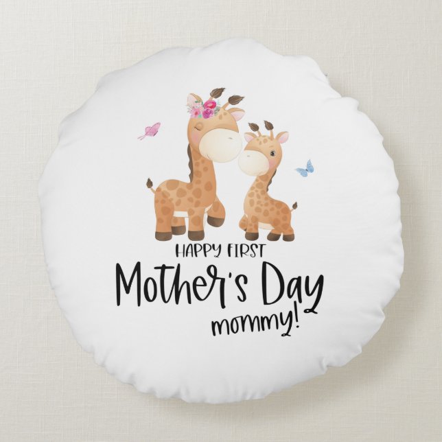Glad första mors dag 🦒 Giraffe + Fjärilar Rund Kudde (Baksidan)