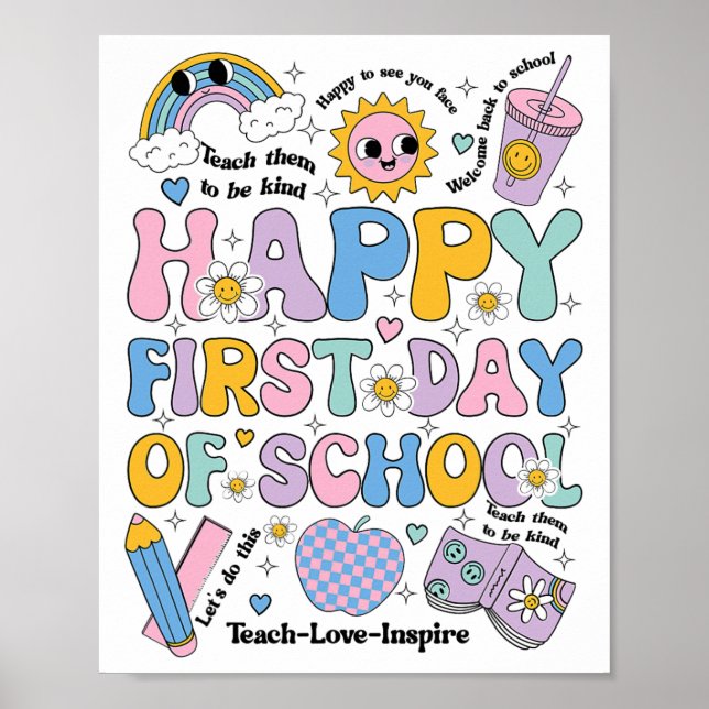 Glad Första Skoldags Tröja Groovy Regnbåge Bak T Poster (Framsidan)