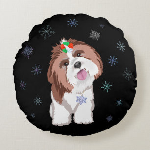 Glad & förtjusande Shih Tzu med snöflinga halsband Rund Kudde