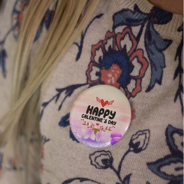 Glad Galentine's Day Rött Hjärta & Vingar Party Knapp (Happy Galentine's Day Red Heart & Wings Party Button)