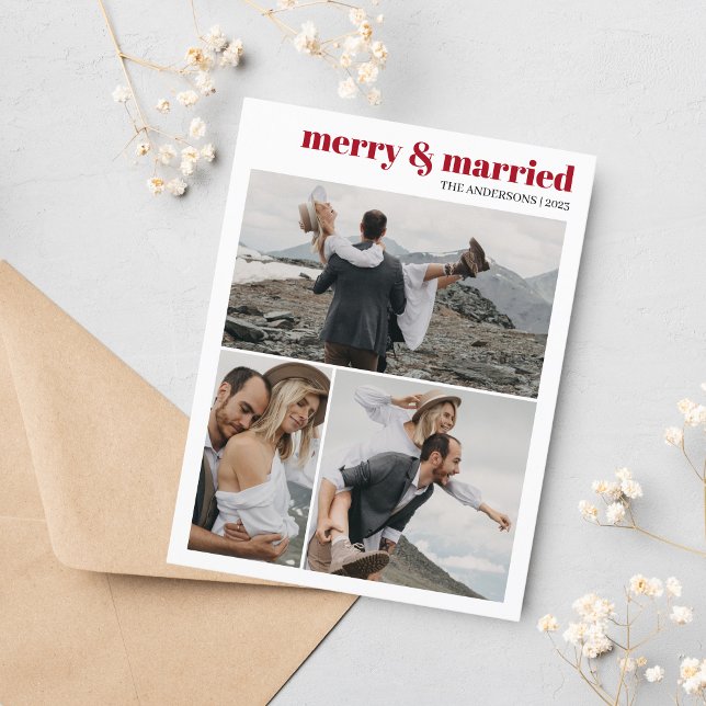 Glad & Gift Jul Nygifta Par Fotokollage Vykort (Merry & Married Photo Collage Christmas Card)