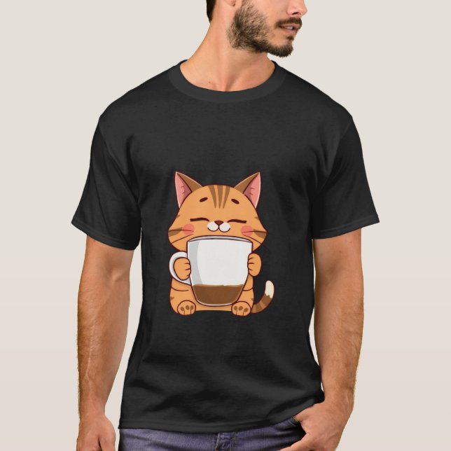 Glad Gingerkatt som kramar en kaffemugg Frid ✨🐾☕ T Shirt (Framsida)