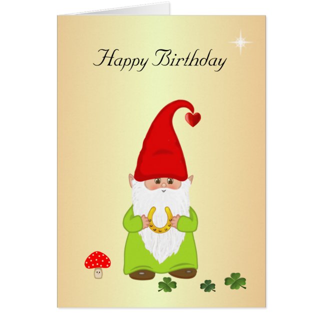 Glad Gnome med Hästsko på Guld Födelsedags Kort (Framsidan)