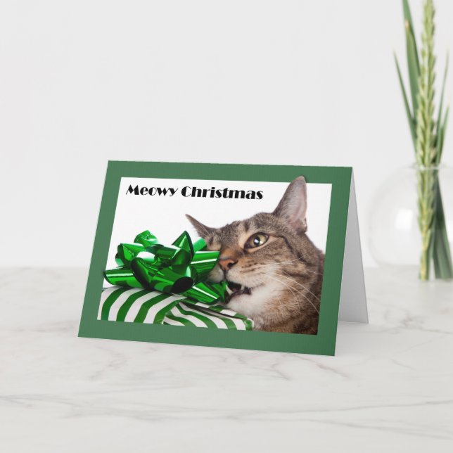 Glad (God Jul) Meowy (Merry) Christmas Söt Katt Me Helgkort (Framsida)