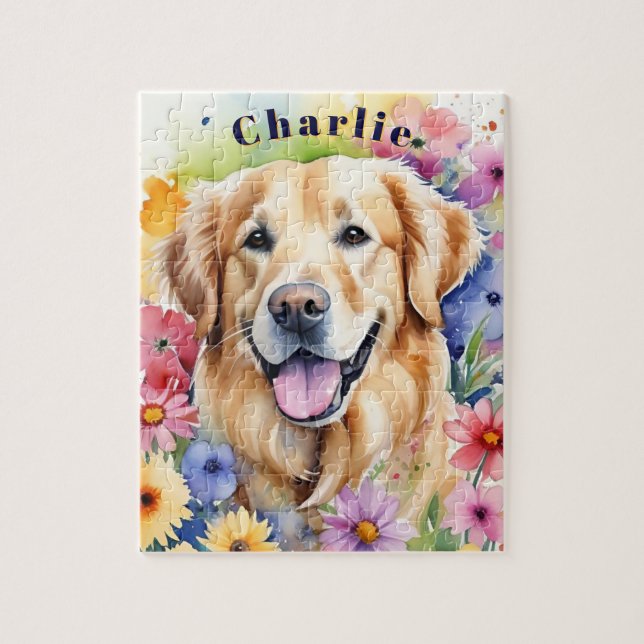 Glad Golden Retriever Färgglad Husdjur Porträtt Pussel (Vertikal)