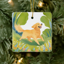 Glad Golden Retriever | Hund Akvarell Julgransprydnad Keramik