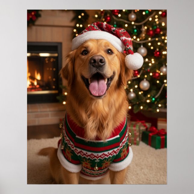 Glad Golden Retriever Hund i Mysig Tröja Anpassad  Poster (Framsidan)