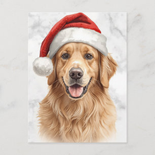 Glad Golden Retriever Hund i Santa Hatt Vattenfärg Helg Vykort