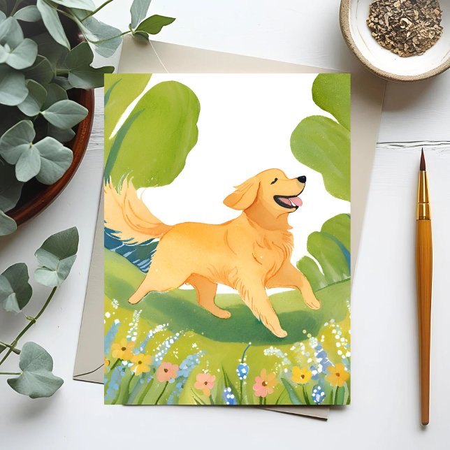Glad Golden Retriever | Ljus Akvarellmålning Vykort (Skapare uppladdad)