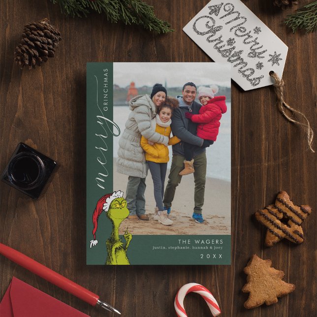 Glad Grinchmas Familjefoto Julkort (Card on table)