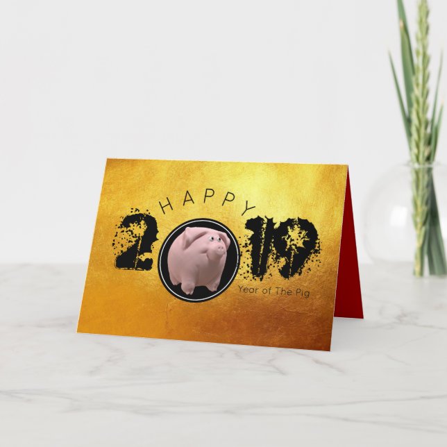Glad Gris År 2019 Original 3D guld Hälsning 2 Helgkort (Framsida)