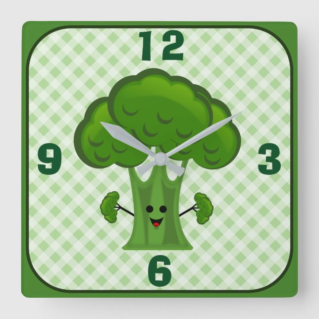 Glad Grön Broccoli Fyrkantig Klocka (Framsida)