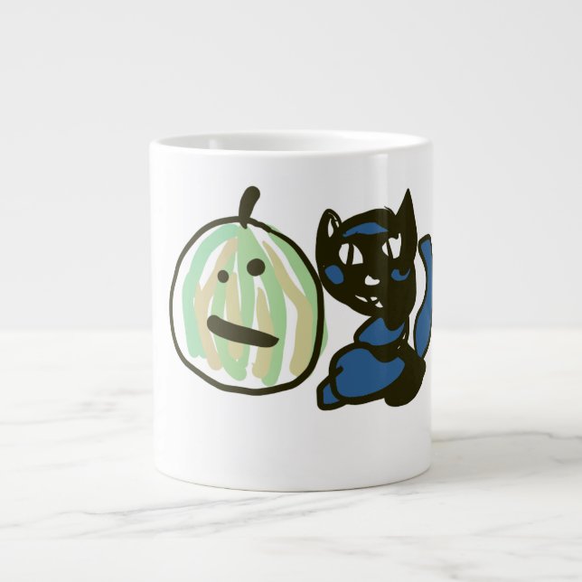Glad Grön Jack o Lantern Svart Katt  Jumbo Mugg (Framsidan)