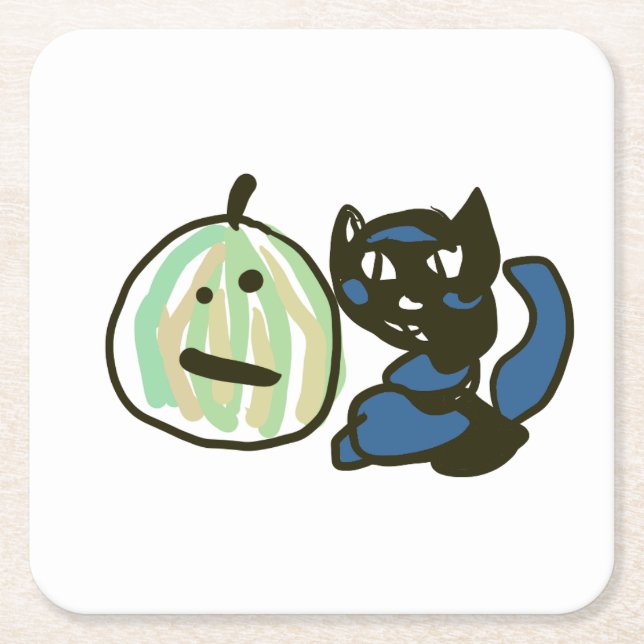 Glad Grön Jack o Lantern Svart Katt  Underlägg Papper Kvadrat (Framsidan)